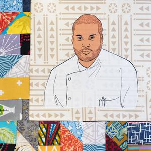 Timon Balloo in a white chef coat.